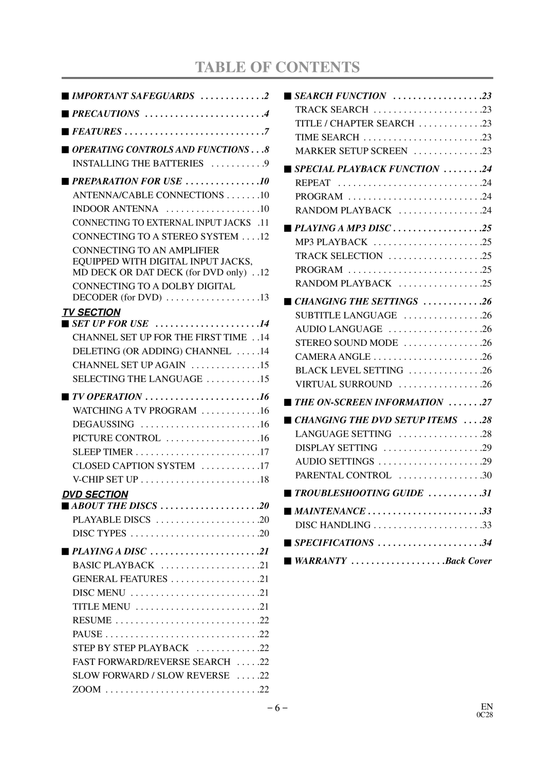 Sylvania C6519DD, C6513DD owner manual Table of Contents 