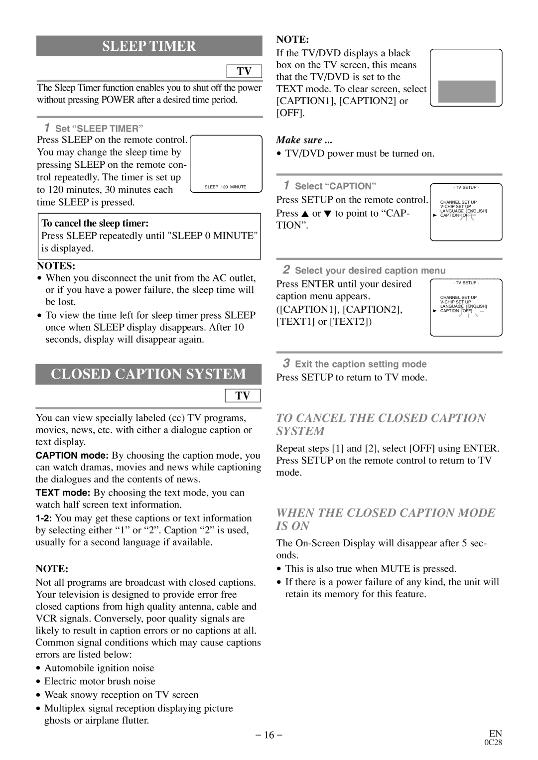 Sylvania C6520FDE owner manual Sleep Timer, To Cancel the Closed Caption System, When the Closed Caption Mode is on 