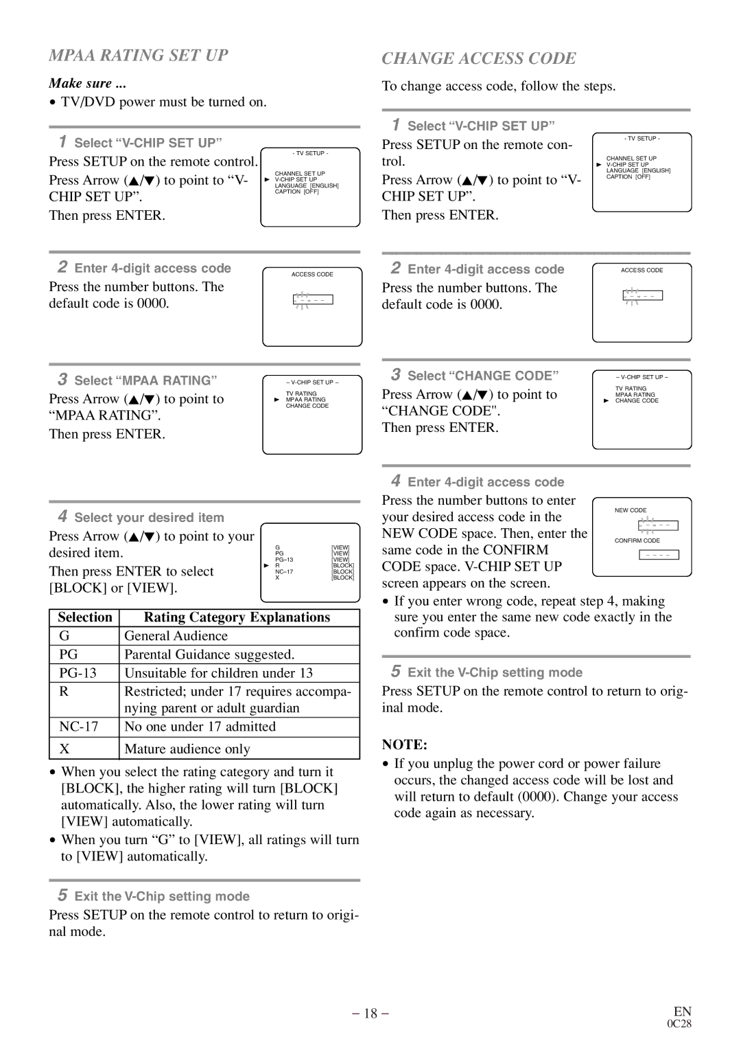 Sylvania C6520FDE owner manual Mpaa Rating SET UP, Change Access Code 