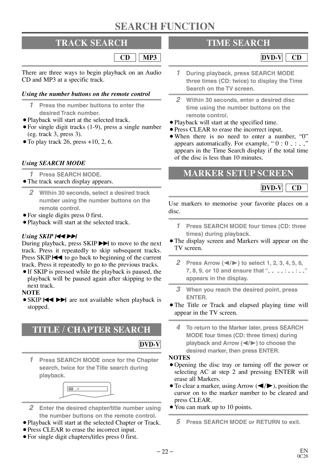 Sylvania C6520FDE owner manual Search Function, Track Search Time Search, Title / Chapter Search, Marker Setup Screen 