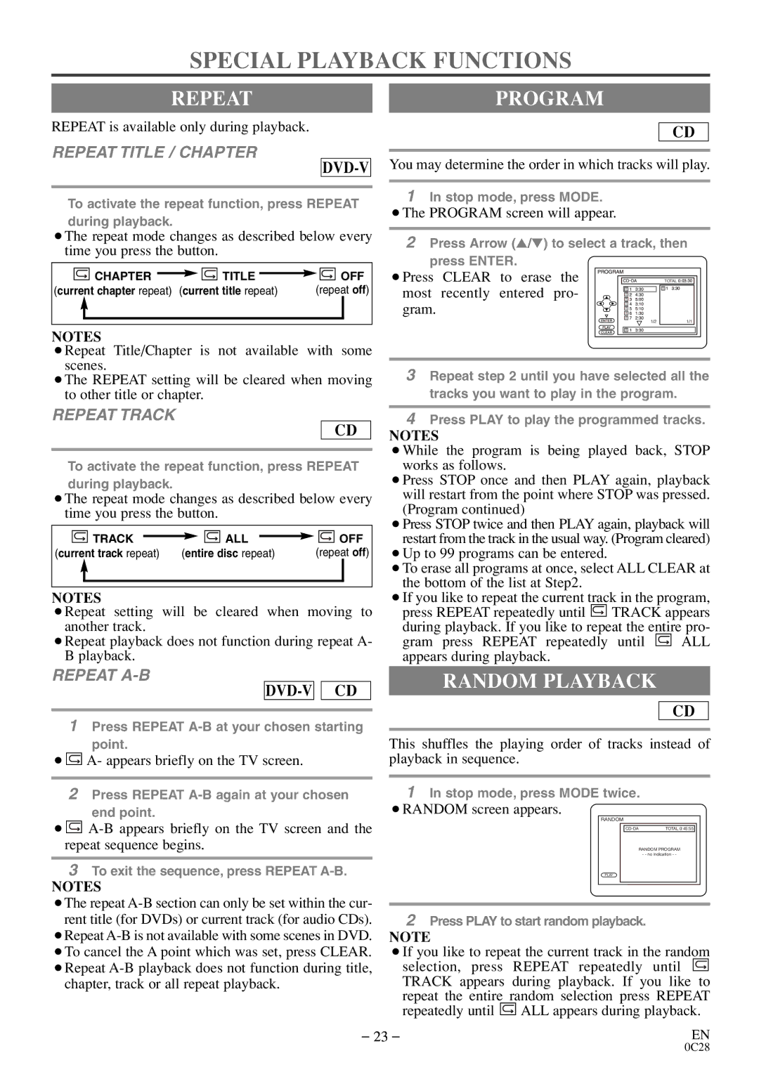 Sylvania C6520FDE owner manual Special Playback Functions, Repeatprogram, Random Playback 