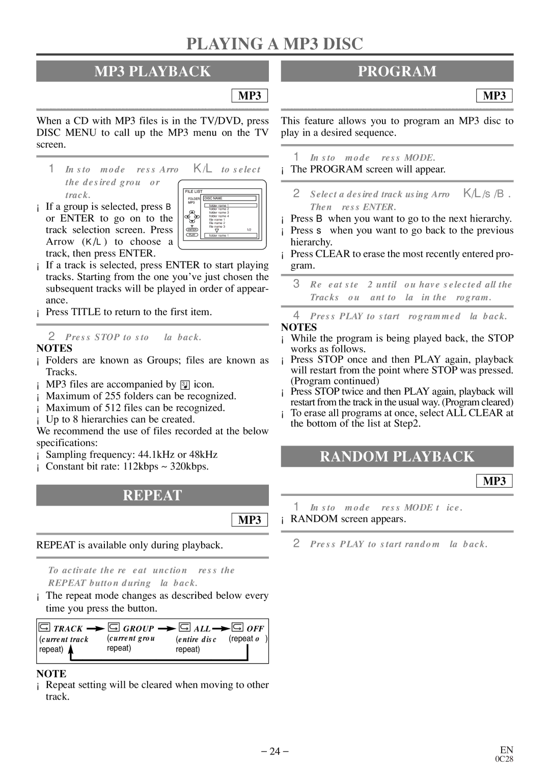 Sylvania C6520FDE owner manual Playing a MP3 Disc, MP3 Playback, Program, Repeat 