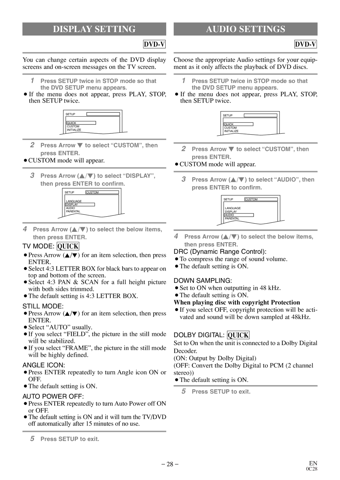 Sylvania C6520FDE owner manual Display Setting, Audio Settings, ¡Press Arrow K/L for an item selection, then press, Enter 