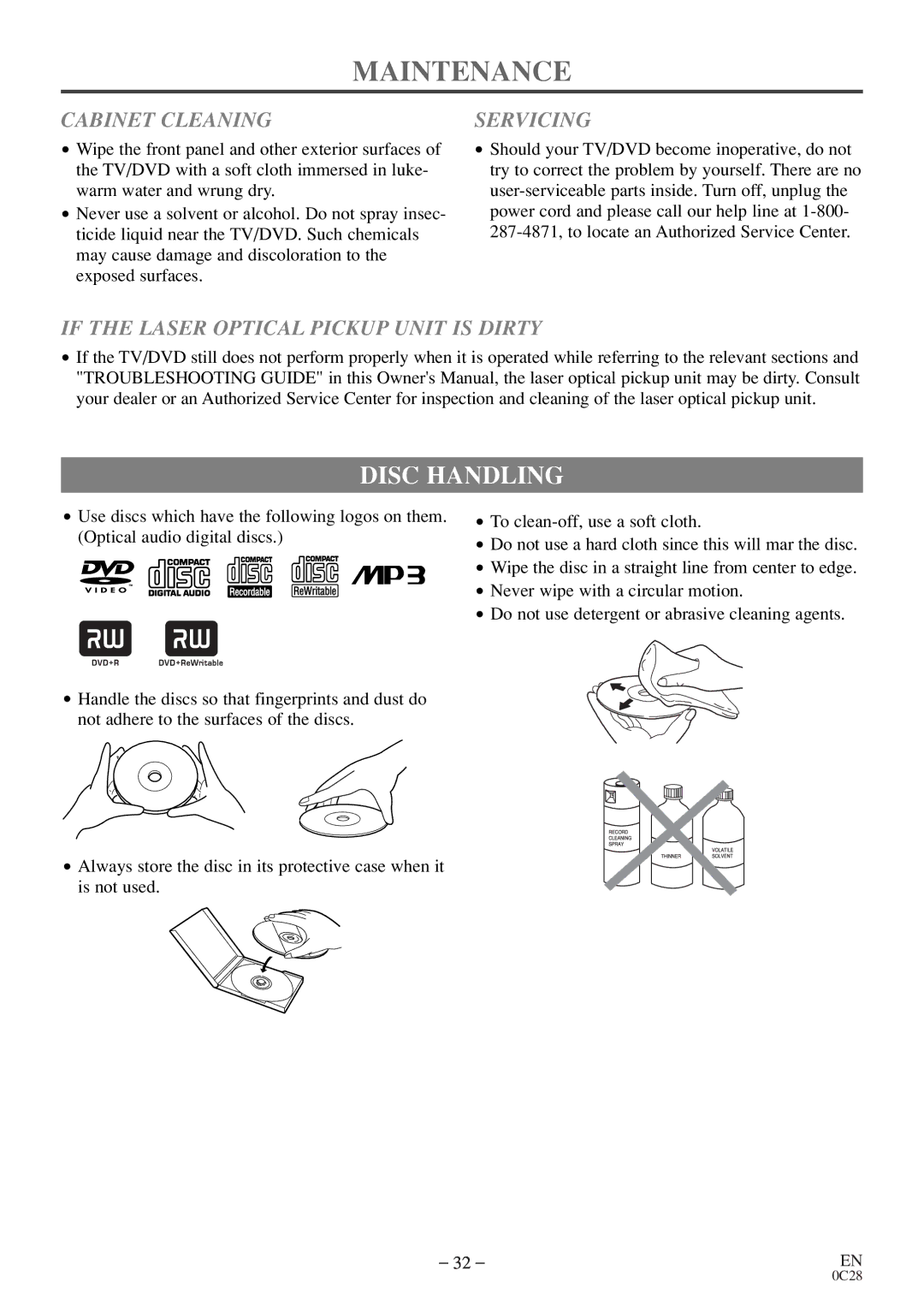 Sylvania C6520FDE Maintenance, Disc Handling, Cabinet Cleaning, Servicing, If the Laser Optical Pickup Unit is Dirty 