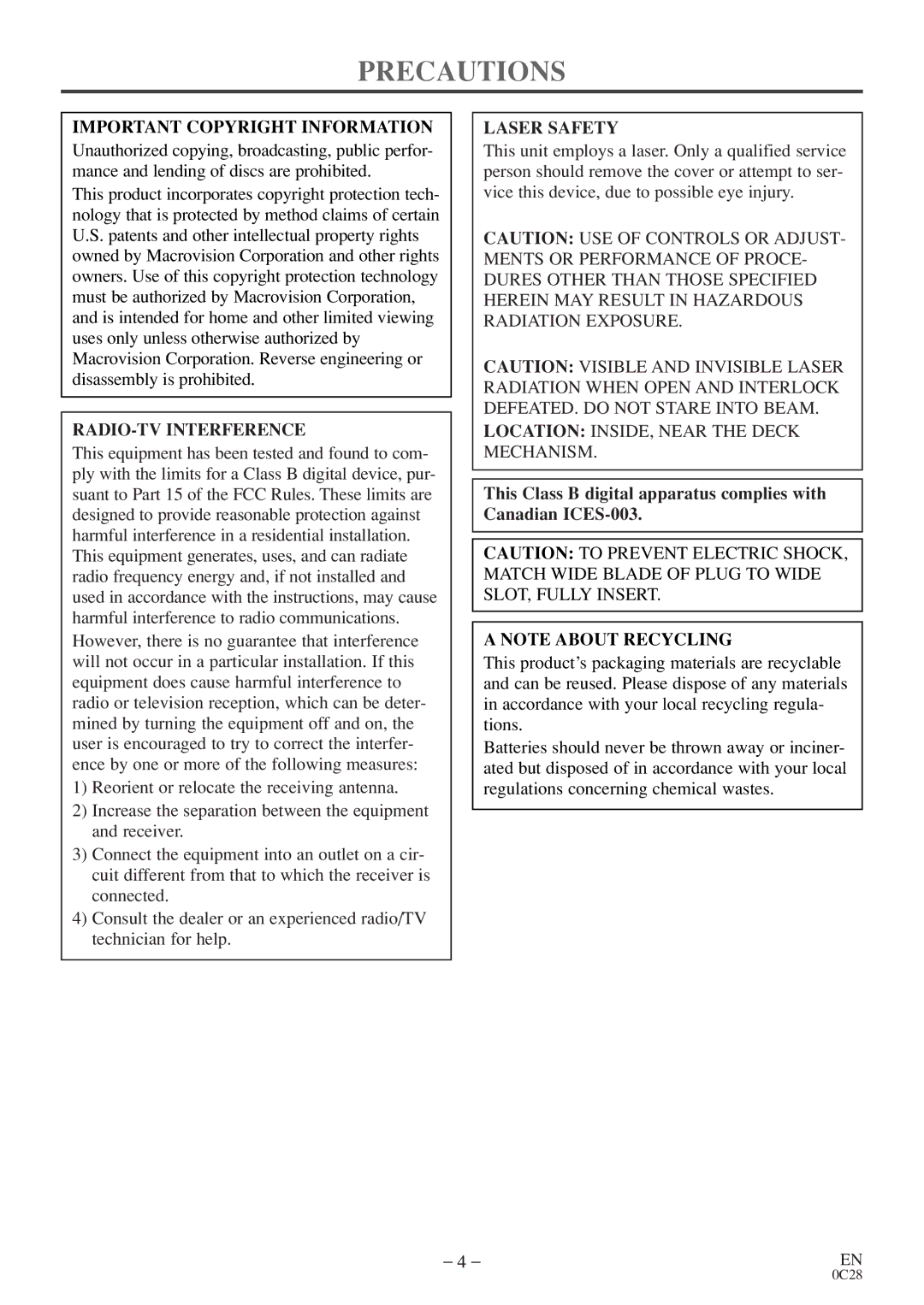 Sylvania C6520FDE owner manual Precautions, Important Copyright Information, RADIO-TV Interference, Laser Safety 