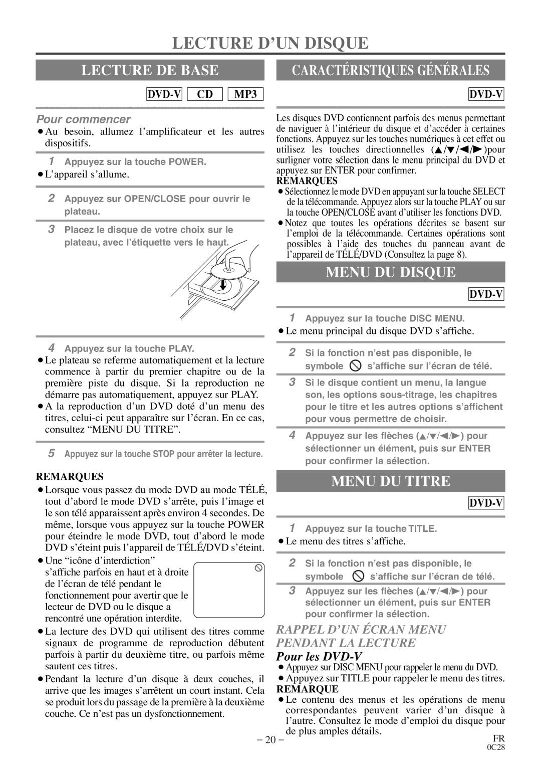 Sylvania C6520FDE owner manual Lecture D’UN Disque, Lecture DE Base, Menu DU Disque, Menu DU Titre 