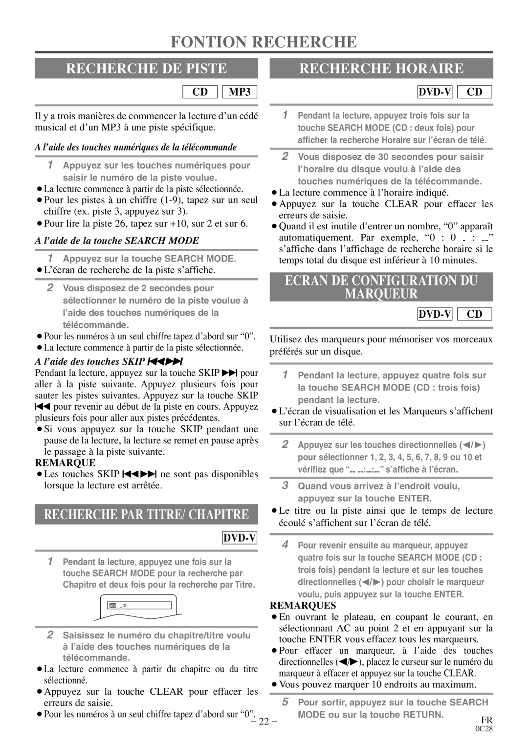 Sylvania C6520FDE owner manual Fontion Recherche, Recherche DE Piste, Recherche Horaire, Ecran DE Configuration DU Marqueur 