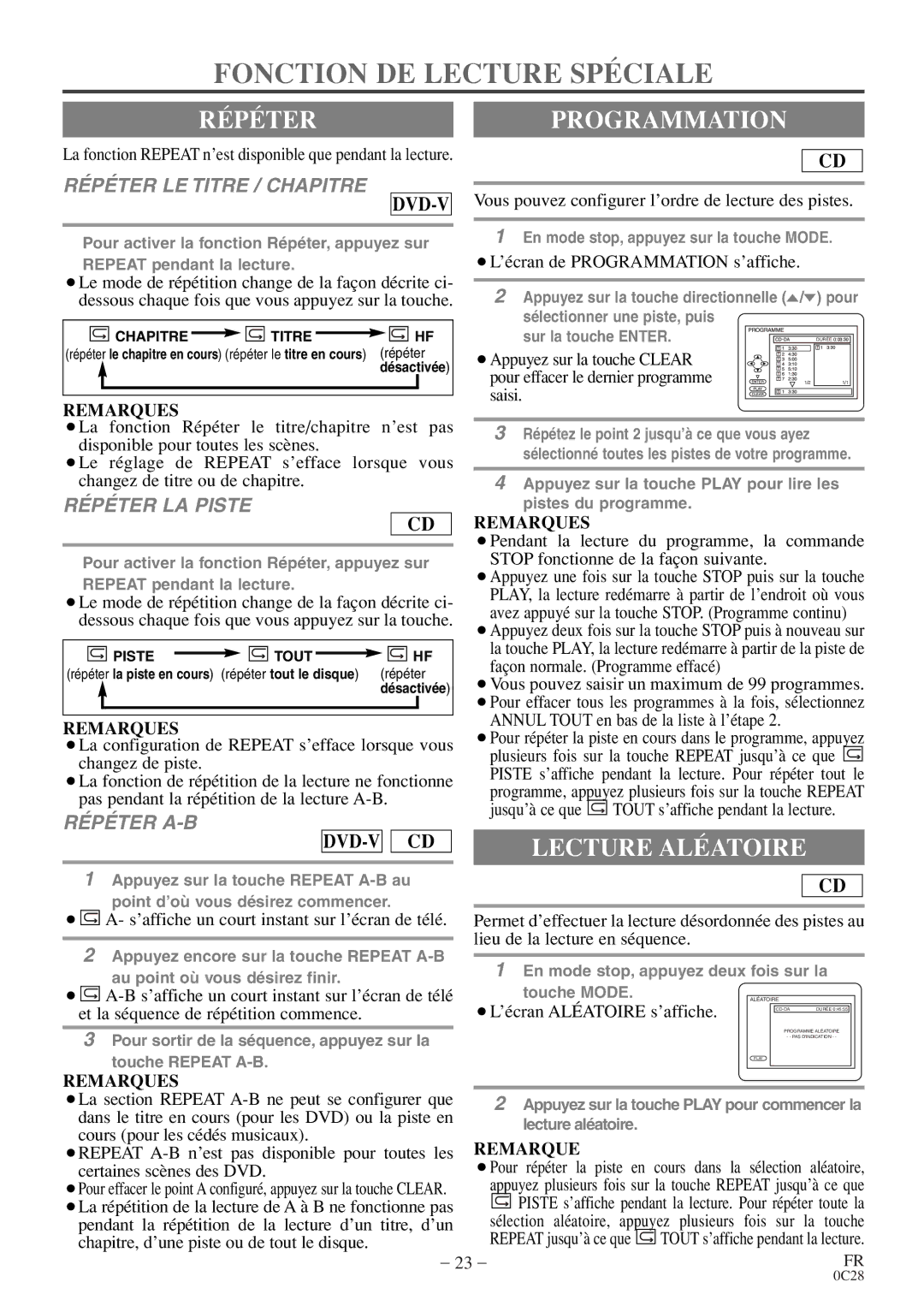 Sylvania C6520FDE owner manual Fonction DE Lecture Spéciale, Répéterprogrammation, Lecture Aléatoire 