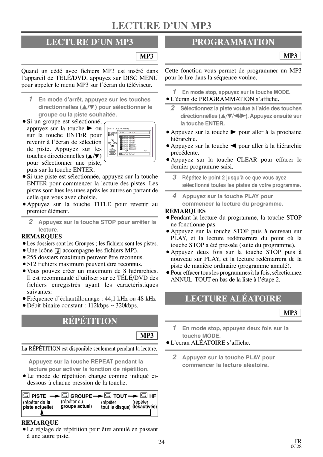 Sylvania C6520FDE owner manual Lecture D’UN MP3, Programmation, Répétition 