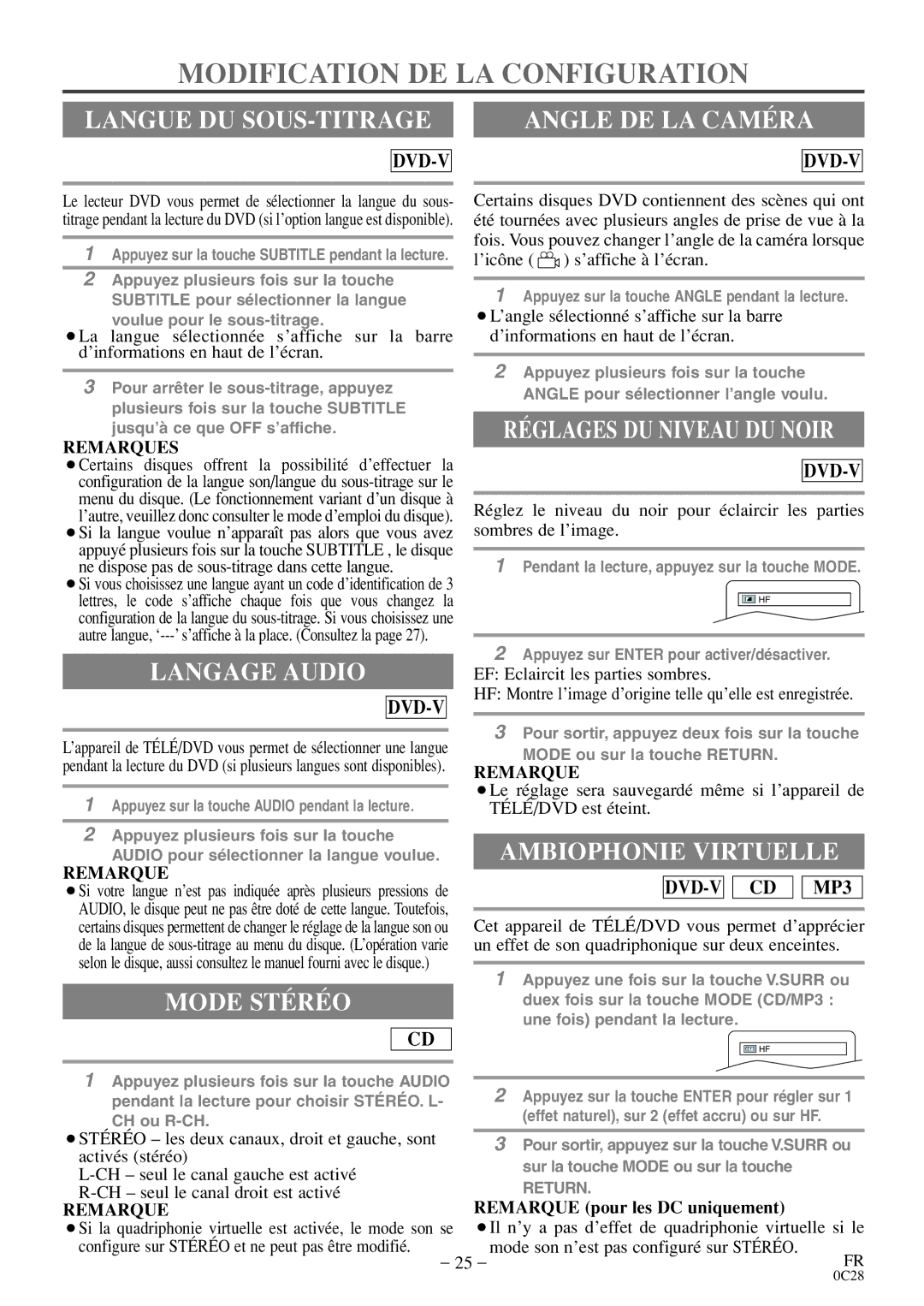 Sylvania C6520FDE owner manual Modification DE LA Configuration 