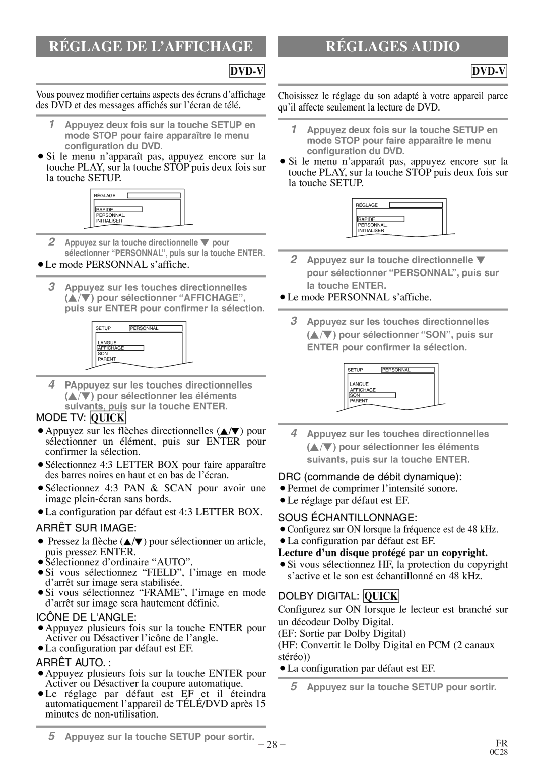 Sylvania C6520FDE owner manual Réglage DE L’AFFICHAGE, Réglages Audio, ¡Le mode Personnal s’affiche 