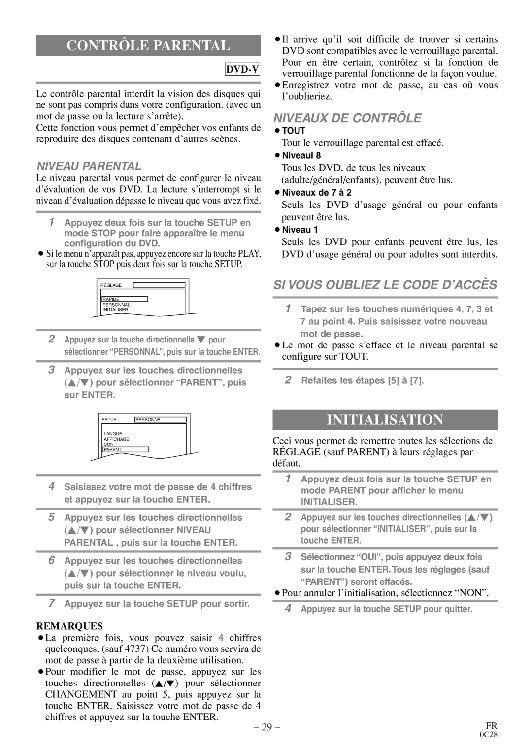 Sylvania C6520FDE owner manual Contrôle Parental, Initialisation, Tout le verrouillage parental est effacé 