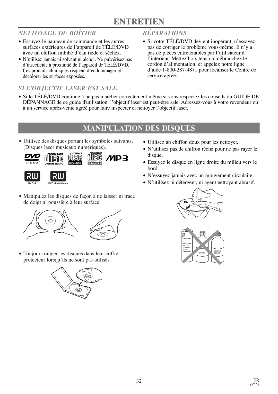 Sylvania C6520FDE Entretien, Manipulation DES Disques, Nettoyage DU Boîtier, Réparations, SI L’OBJECTIF Laser EST Sale 