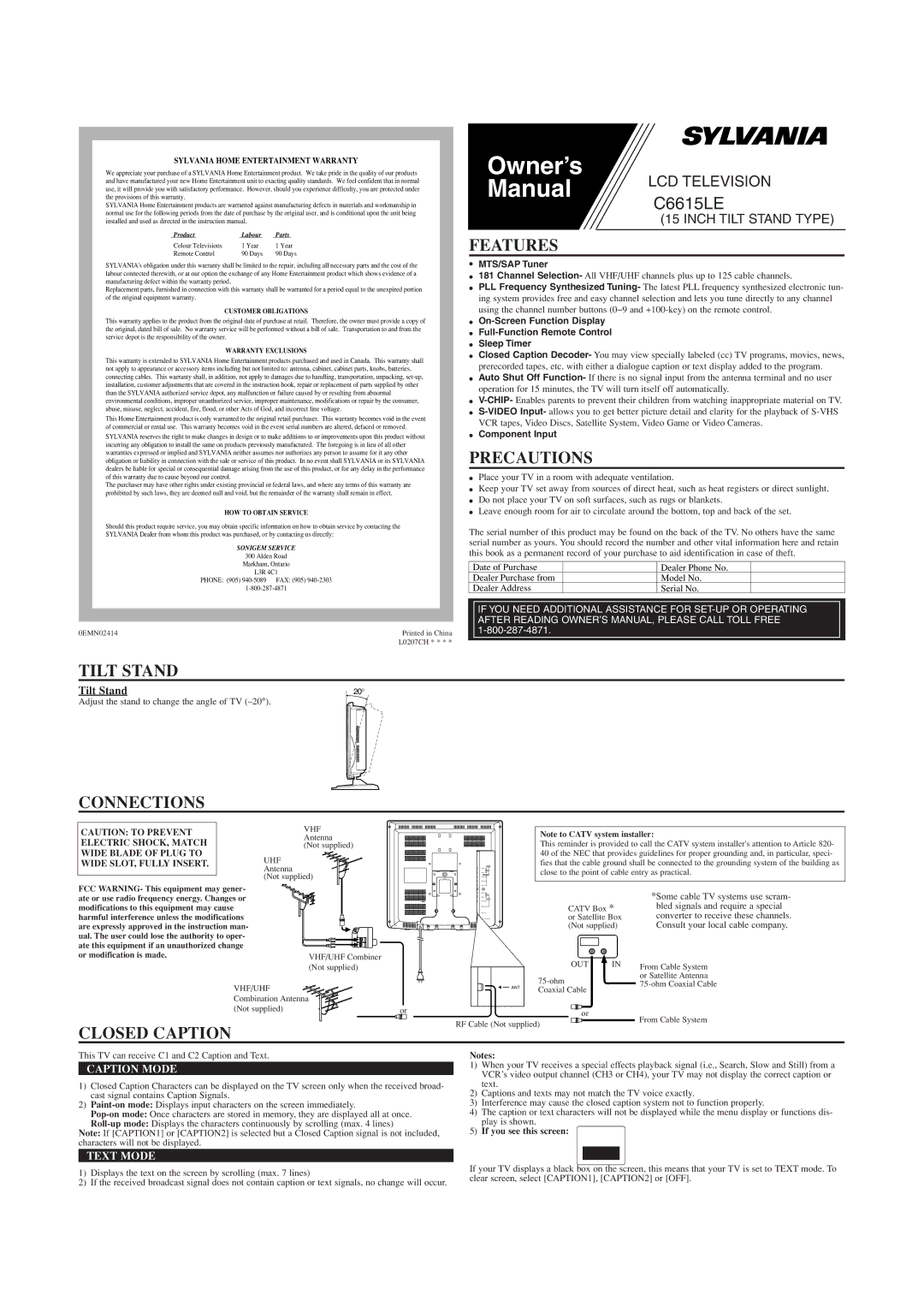 Sylvania C6615LE owner manual Features, Precautions, Tilt Stand, Connections, Closed Caption 