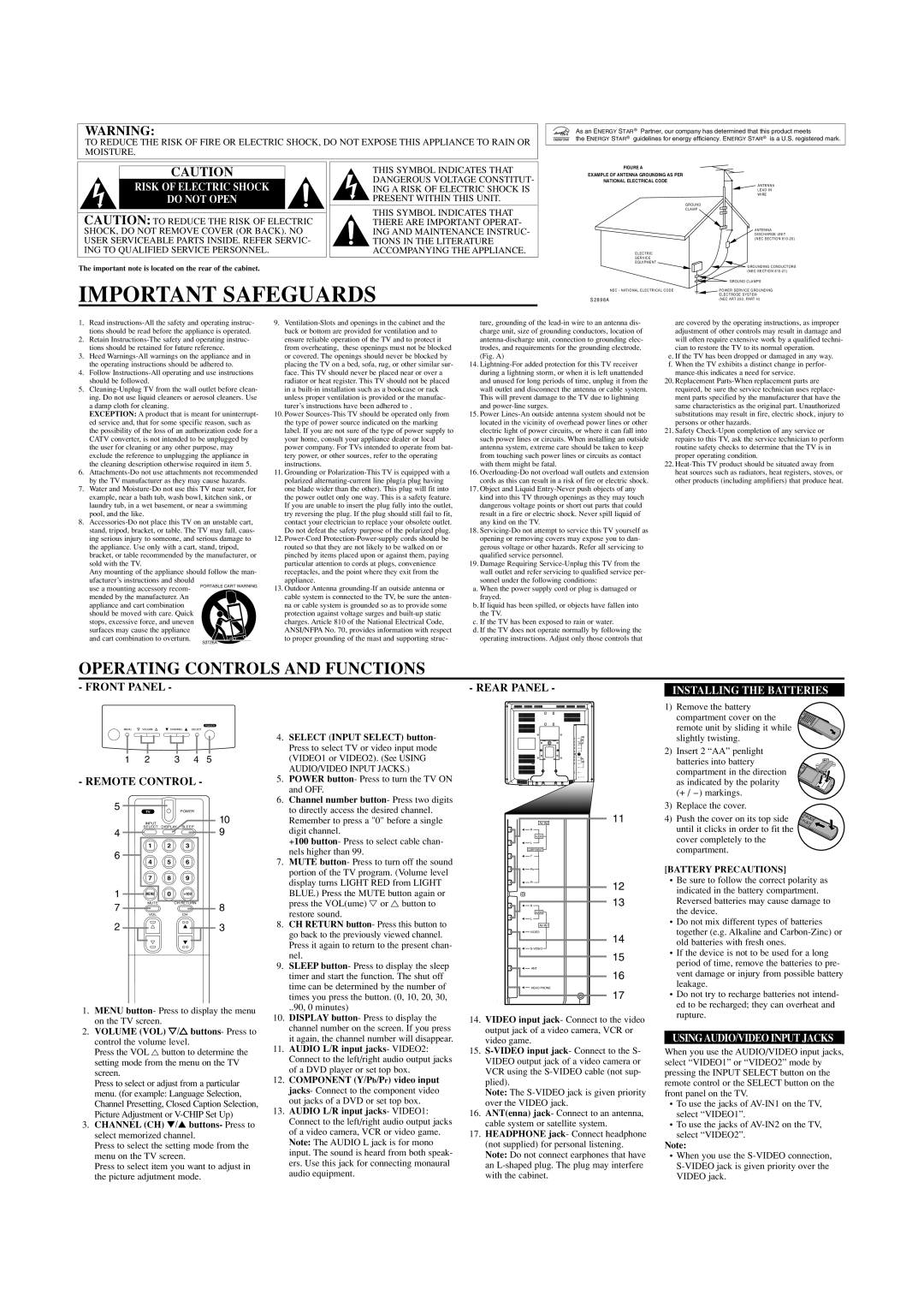 Sylvania C6615LE Important Safeguards, Rear Panel, Installing the Batteries, Remote Control, Using AUDIO/VIDEO Input Jacks 