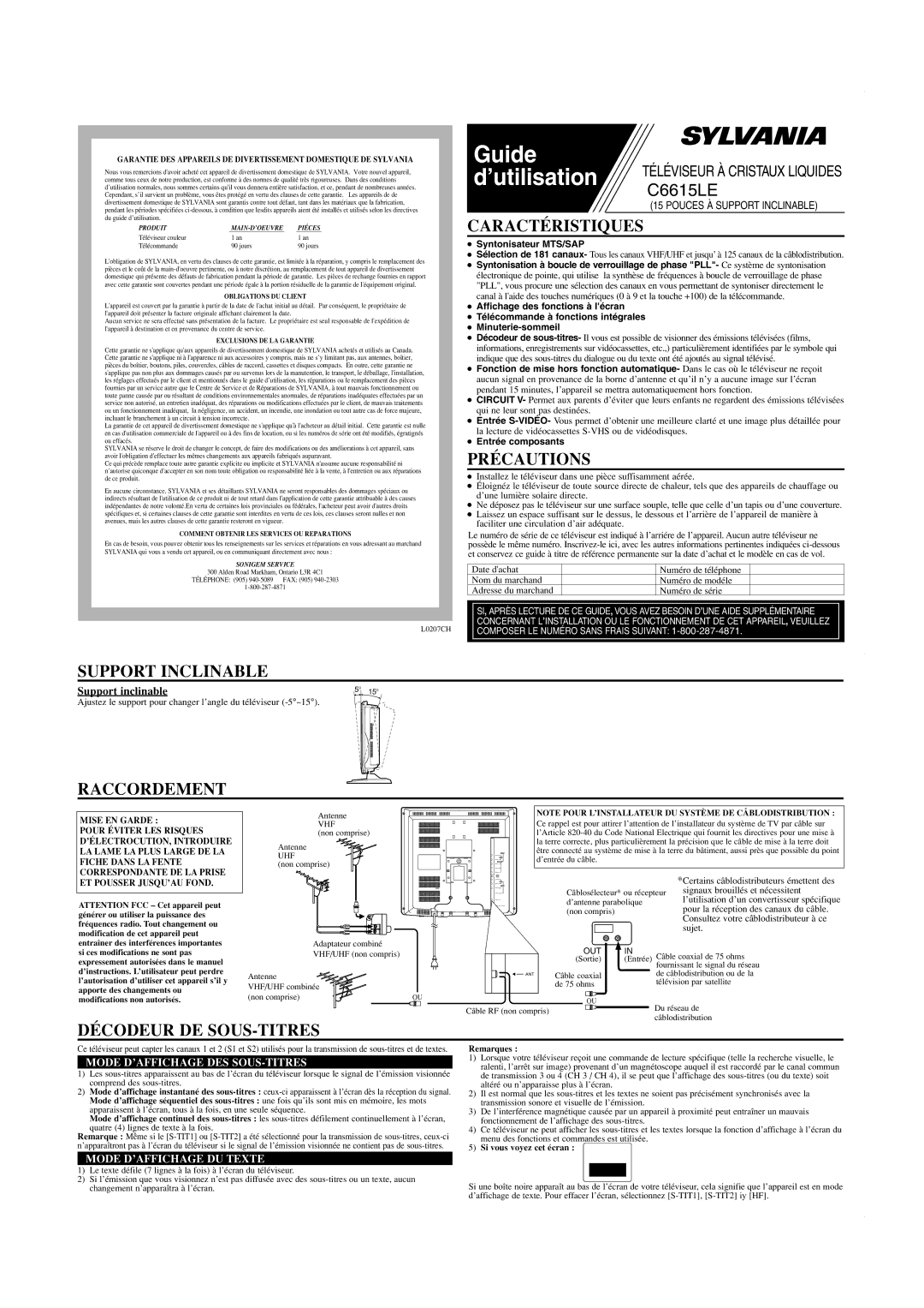 Sylvania C6615LE owner manual Caractéristiques, Précautions, Support Inclinable, Raccordement, Décodeur DE SOUS-TITRES 