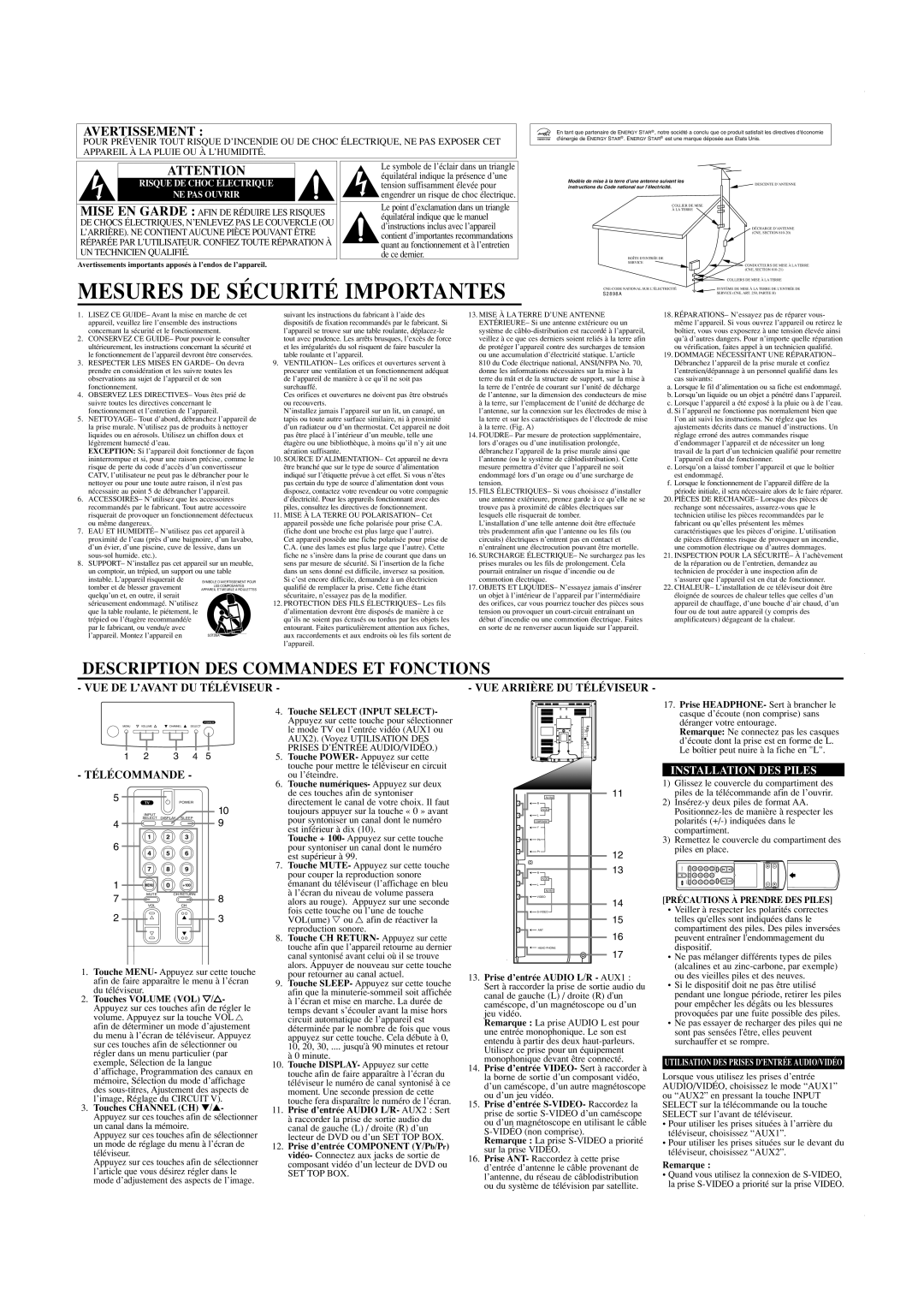 Sylvania C6615LE owner manual Mesures DE Sécurité Importantes, Description DES Commandes ET Fonctions, Télécommande 