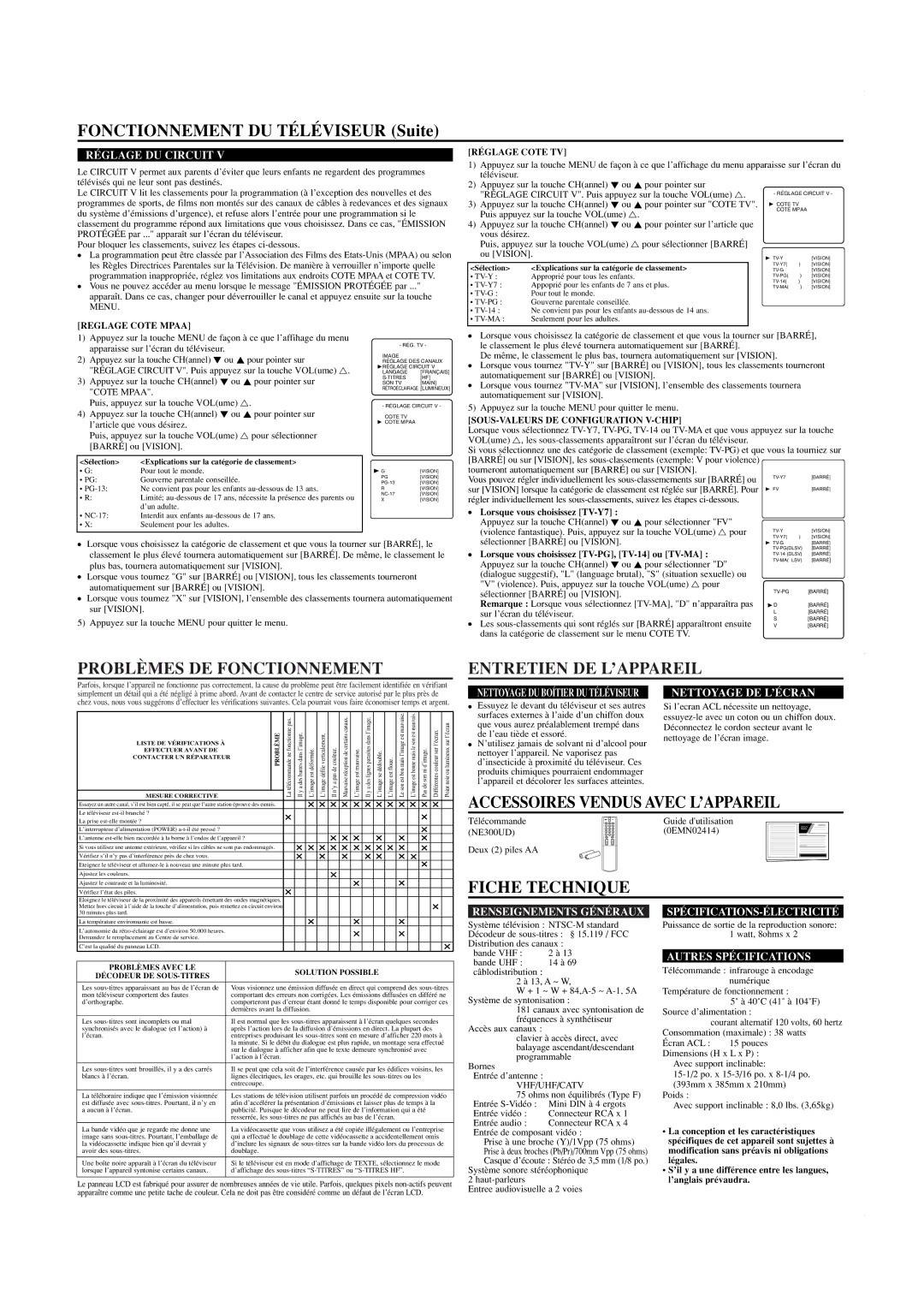 Sylvania C6615LE Problèmes DE Fonctionnement, Entretien DE L’APPAREIL, Accessoires Vendus Avec L’APPAREIL, Fiche Technique 