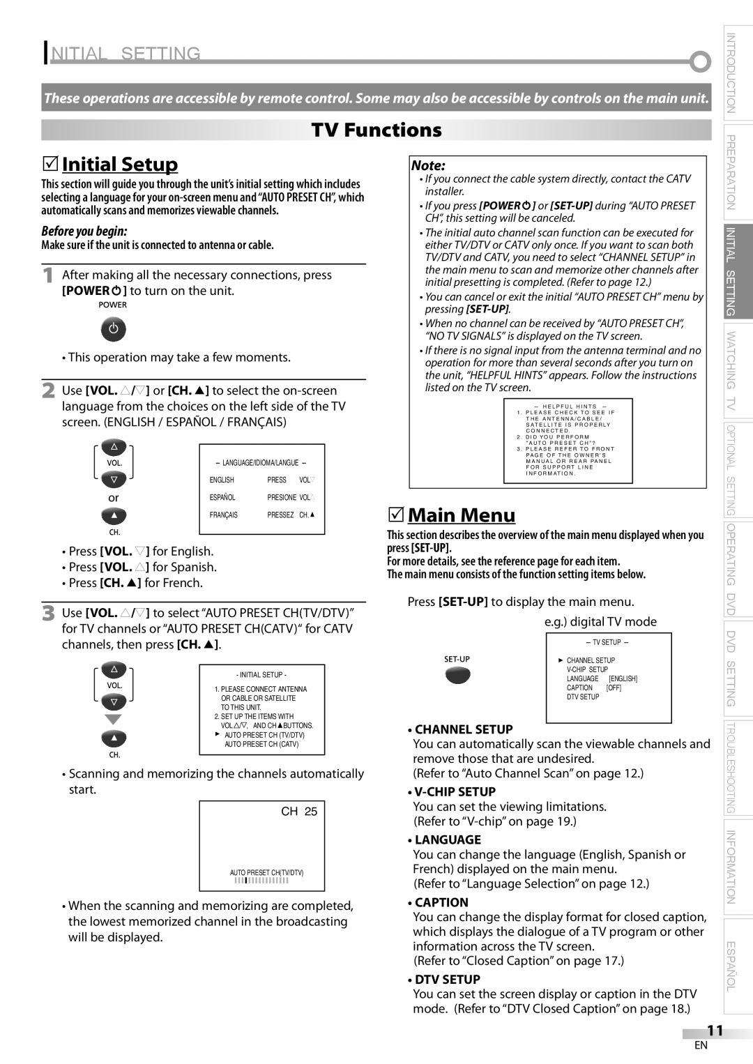 Sylvania CD130SL8 owner manual Initial Setting, TV Functions, 5Initial Setup, 5Main Menu 