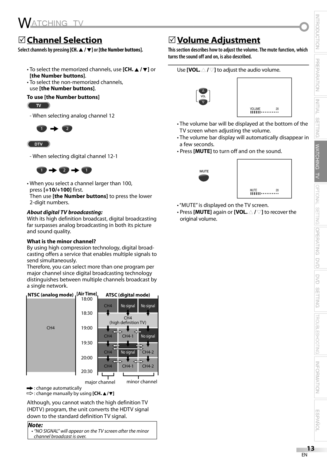 Sylvania CD130SL8 owner manual Watching TV, 5Channel Selection, 5Volume Adjustment, To use the Number buttons 