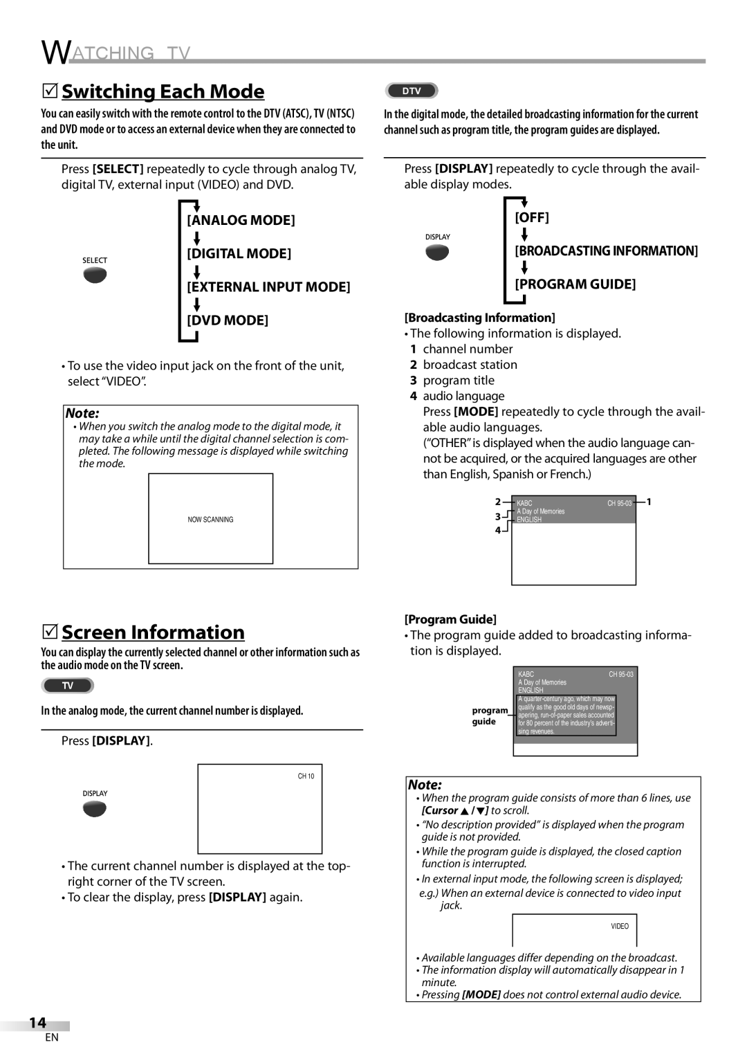 Sylvania CD130SL8 5Switching Each Mode, 5Screen Information, Press Display, Broadcasting Information, Program Guide 