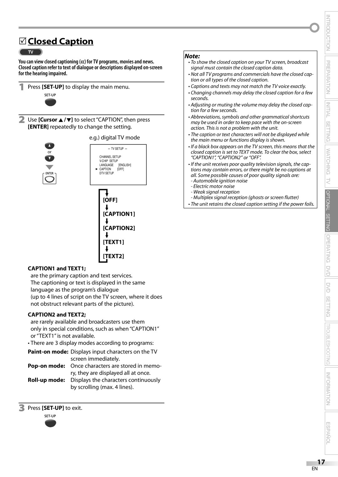 Sylvania CD130SL8 owner manual 5Closed Caption, Press SET-UPto display the main menu, OFF CAPTION1 CAPTION2 TEXT1 TEXT2 