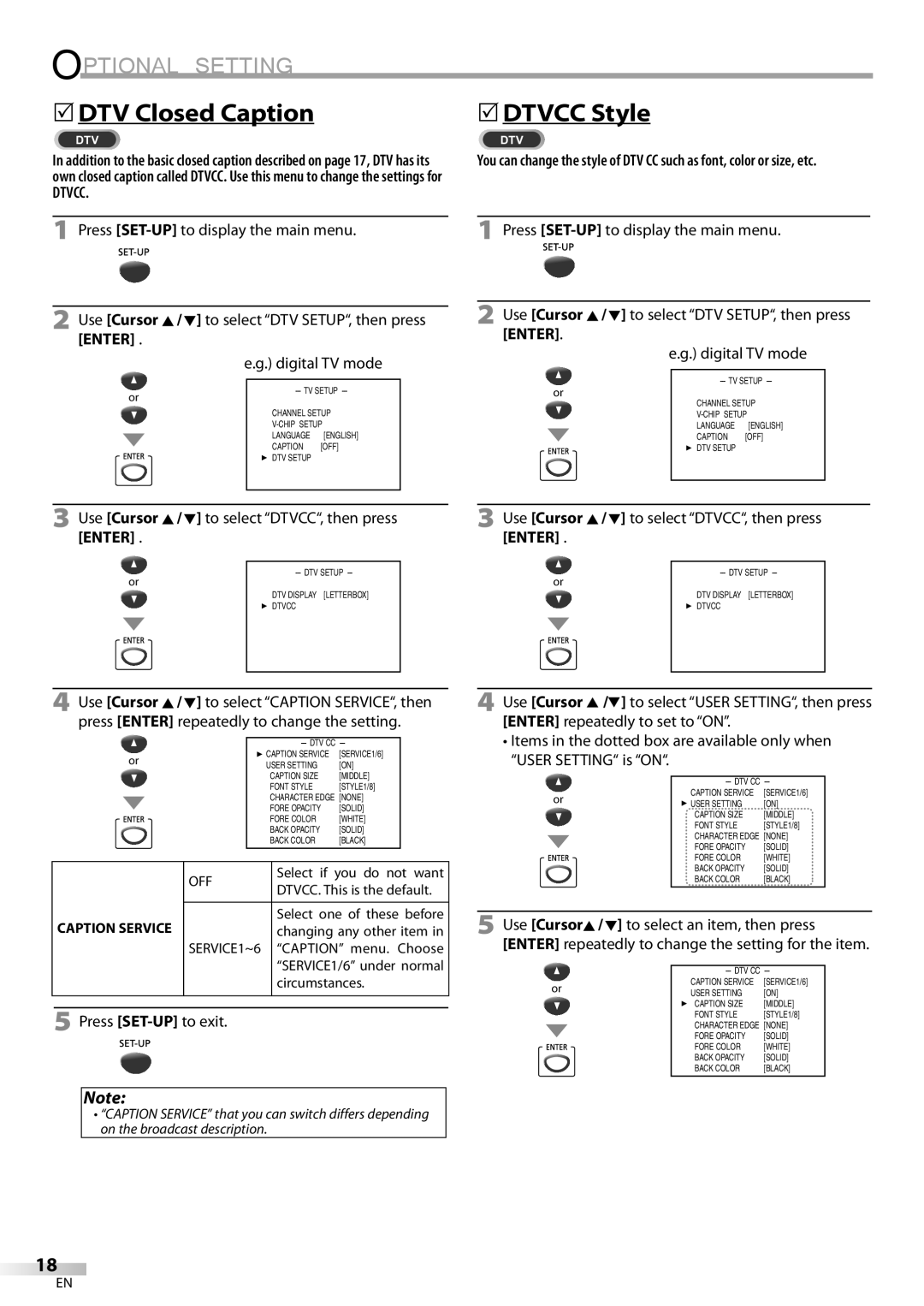 Sylvania CD130SL8 owner manual DTV Closed Caption, Dtvcc, Use Cursor K / L to select DTVCC, then press Enter 