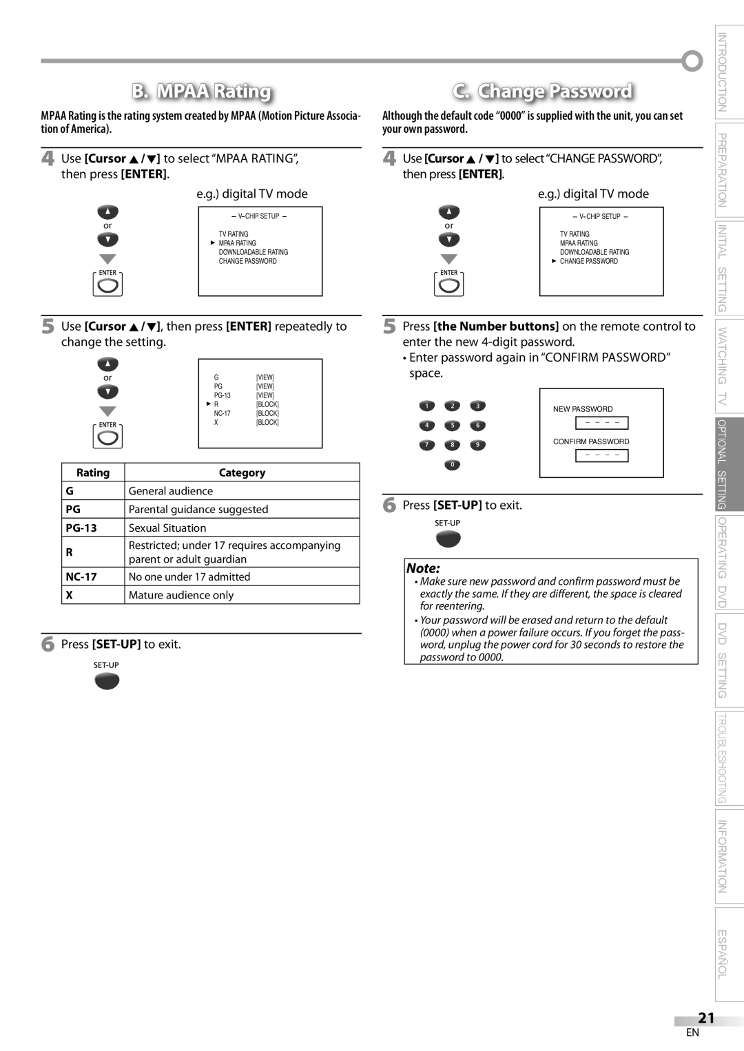 Sylvania CD130SL8 owner manual Mpaa Rating, Change Password, Your own password, Use Cursor K / L to selectCHANGE Password 