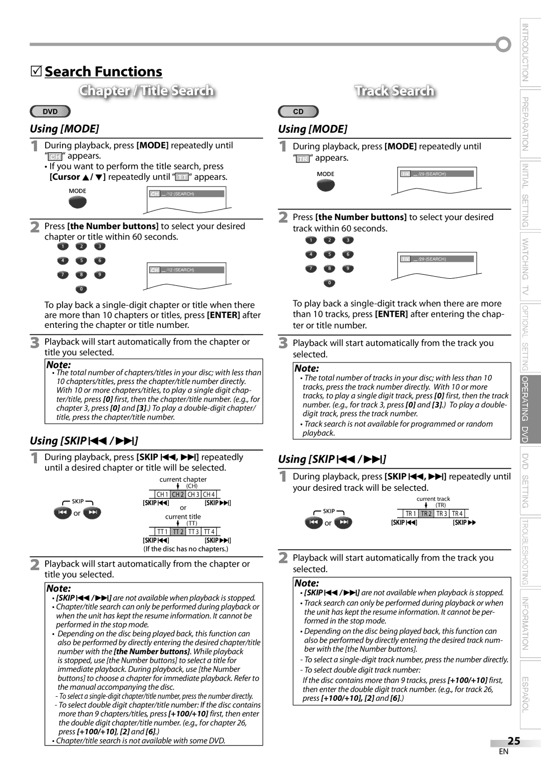 Sylvania CD130SL8 owner manual 5Search Functions, Chapter / Title Search 