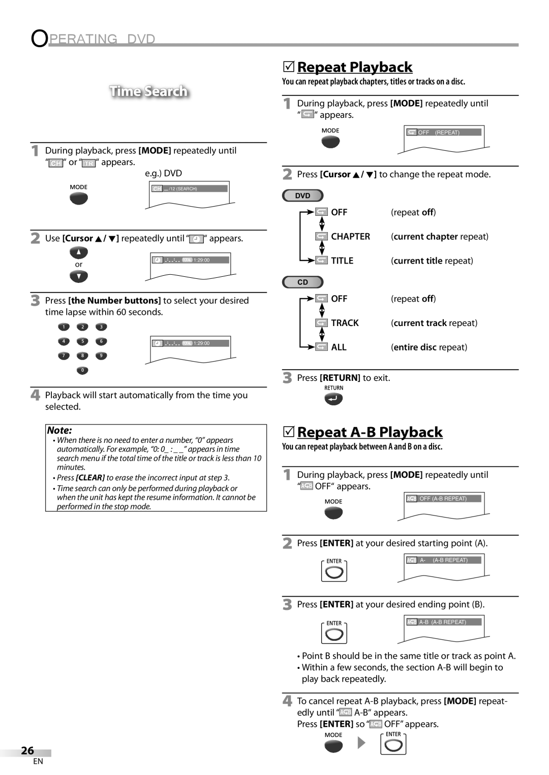 Sylvania CD130SL8 owner manual Time Search, 5Repeat Playback, 5Repeat A-B Playback 