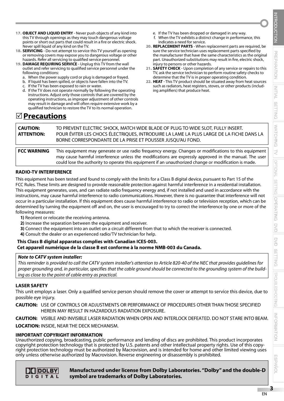 Sylvania CD130SL8 owner manual Precautions, RADIO-TV Interference, Laser Safety, Important Copyright Information 