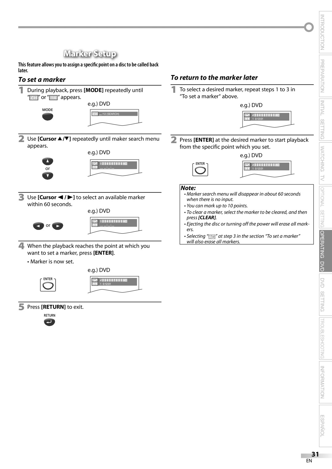 Sylvania CD130SL8 owner manual Marker Setup, To select a desired marker, repeat steps 1 to 3, To set a marker above 