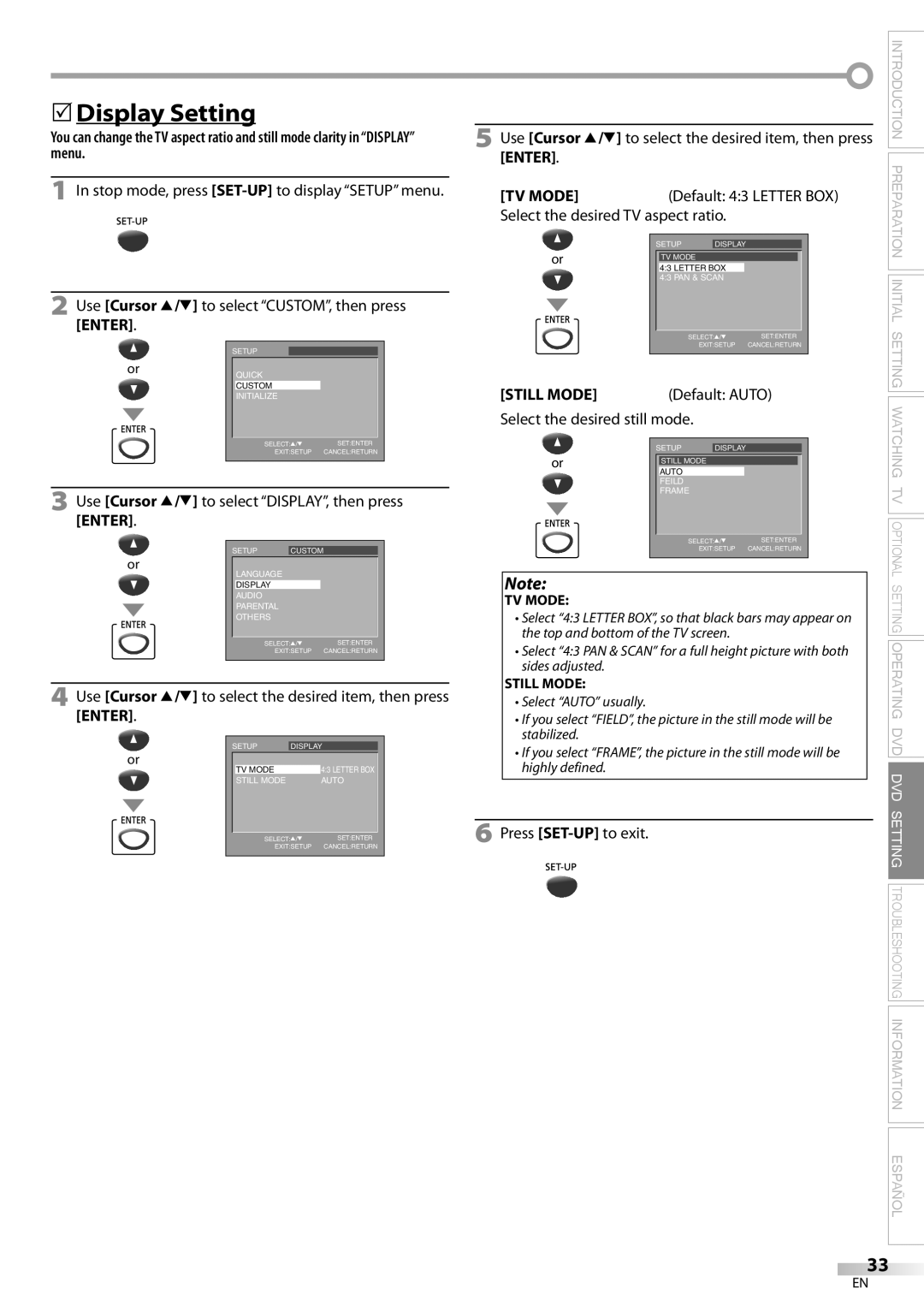 Sylvania CD130SL8 owner manual 5Display Setting, Use Cursor K/L to select DISPLAY, then press Enter 