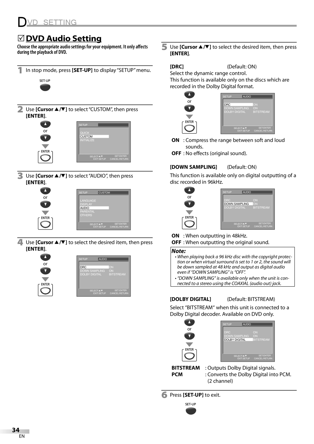 Sylvania CD130SL8 5DVD Audio Setting, Use Cursor K/L to select AUDIO, then press Enter, Down Sampling Default on 