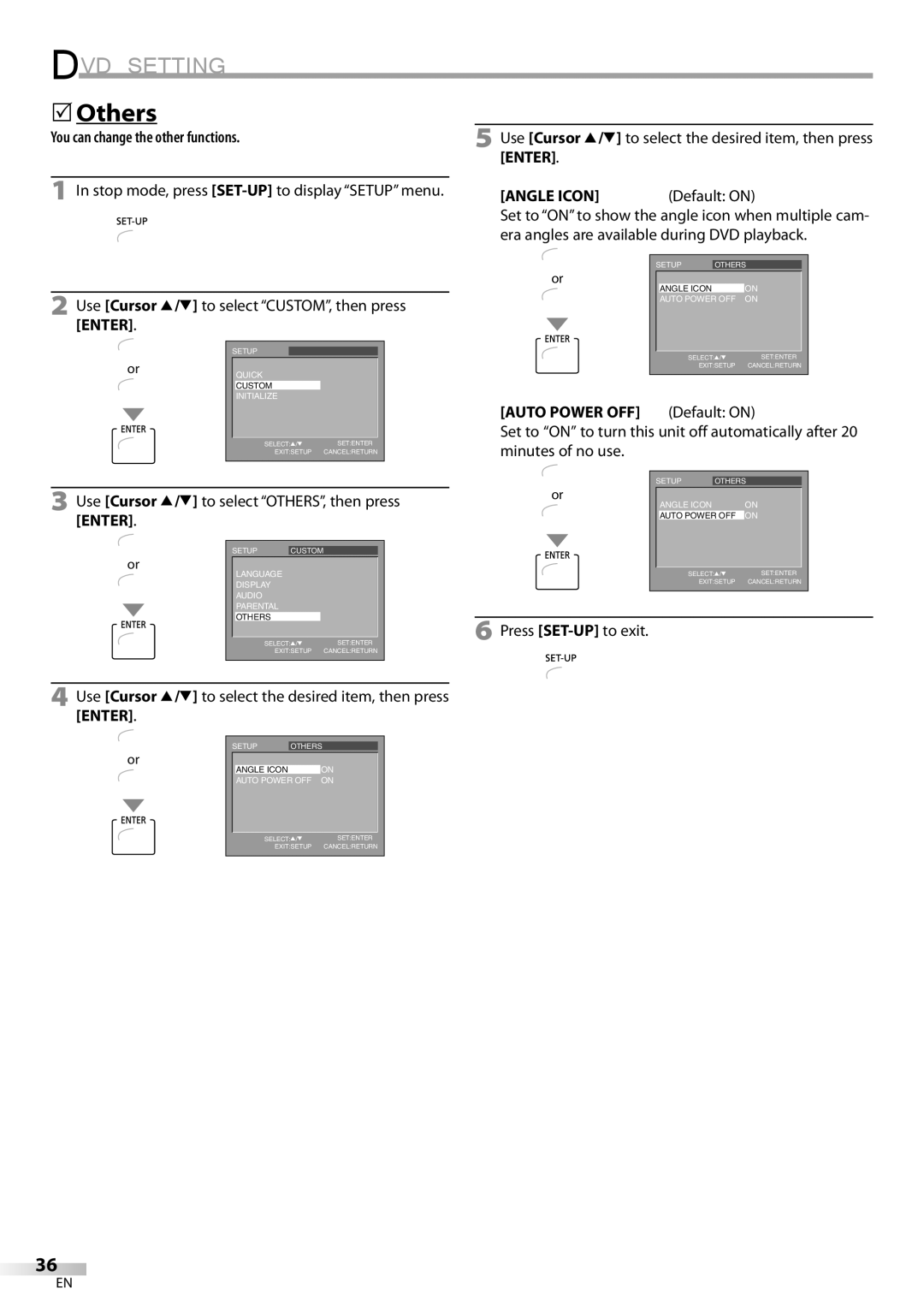 Sylvania CD130SL8 owner manual Others, You can change the other functions, Angle Icon Default on 