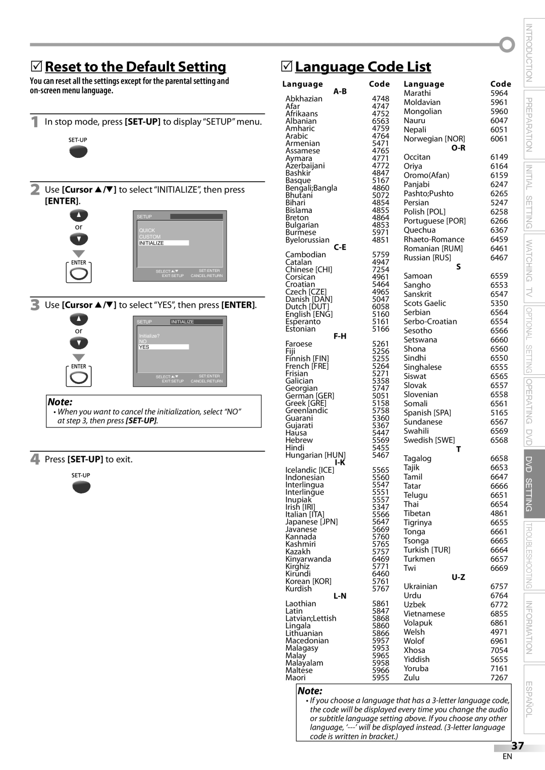 Sylvania CD130SL8 5Reset to the Default Setting, 5Language Code List, Use Cursor K/L to select YES, then press Enter 