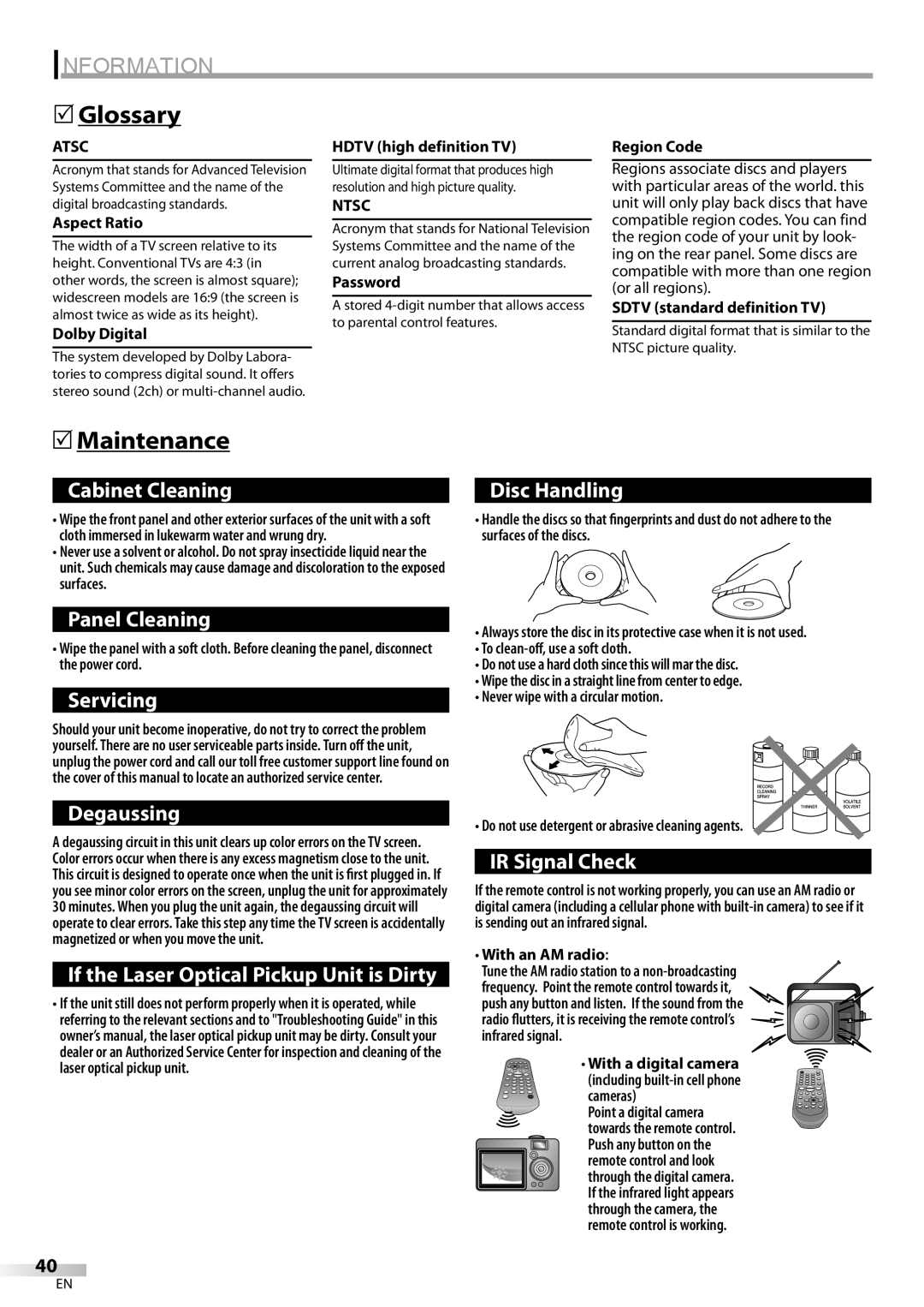 Sylvania CD130SL8 owner manual Information, Glossary, Maintenance, Atsc, Ntsc 