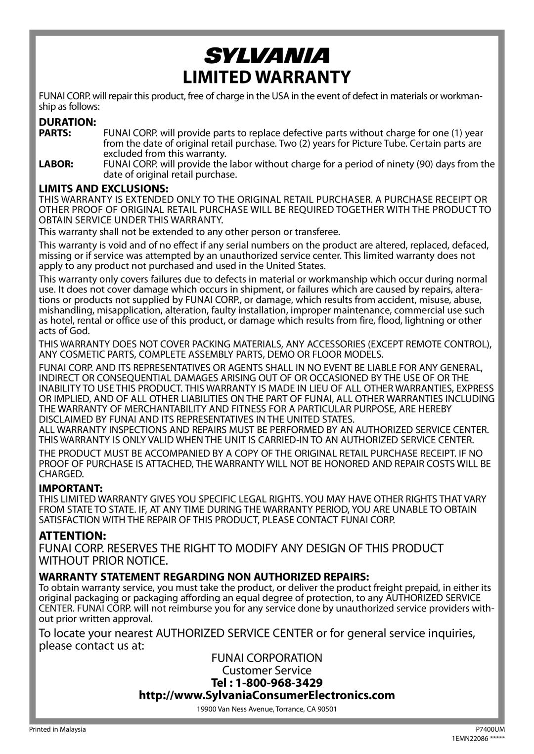 Sylvania CD130SL8 owner manual Limited Warranty 