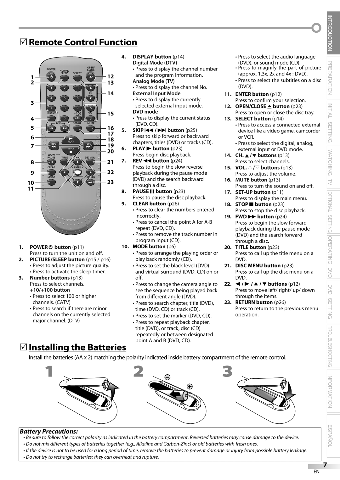 Sylvania CD130SL8 owner manual 5Remote Control Function, 5Installing the Batteries 