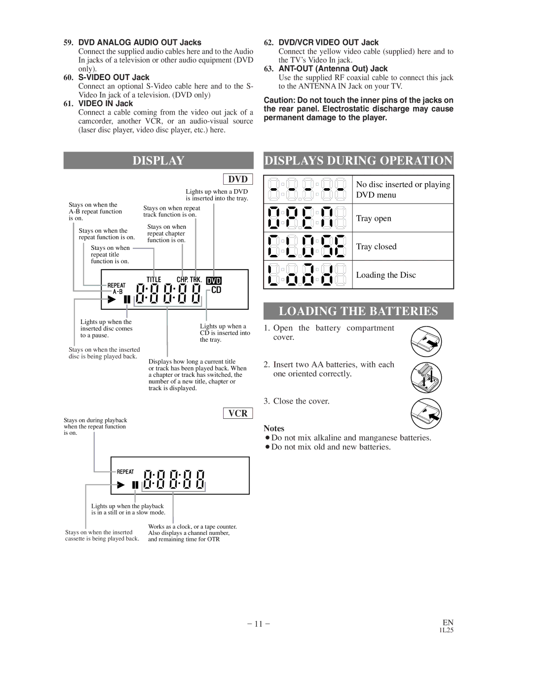 Sylvania CDVC800D owner manual Displays During Operation, Loading the Batteries, No disc inserted or playing 