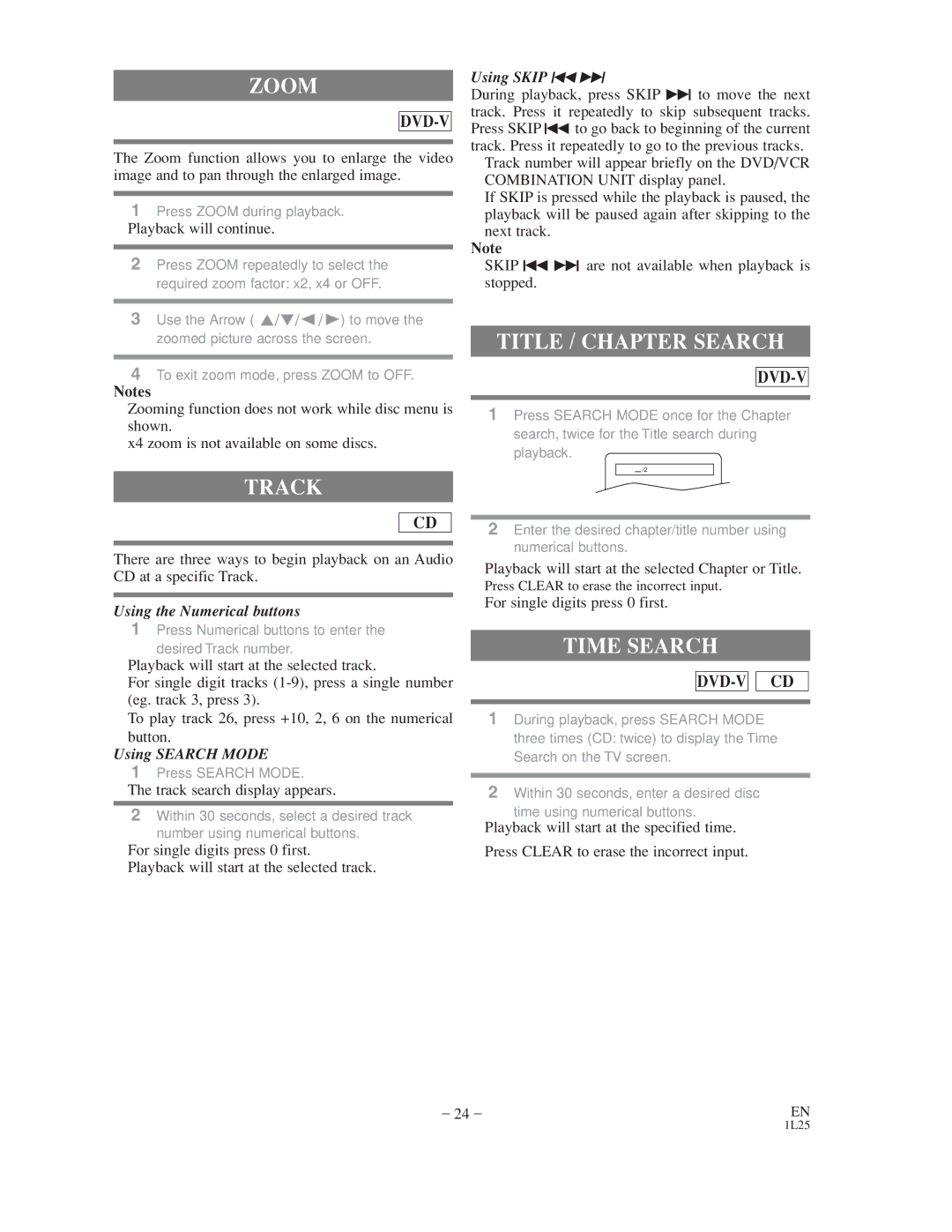 Sylvania CDVC800D owner manual Zoom, Track, Title / Chapter Search, Time Search 