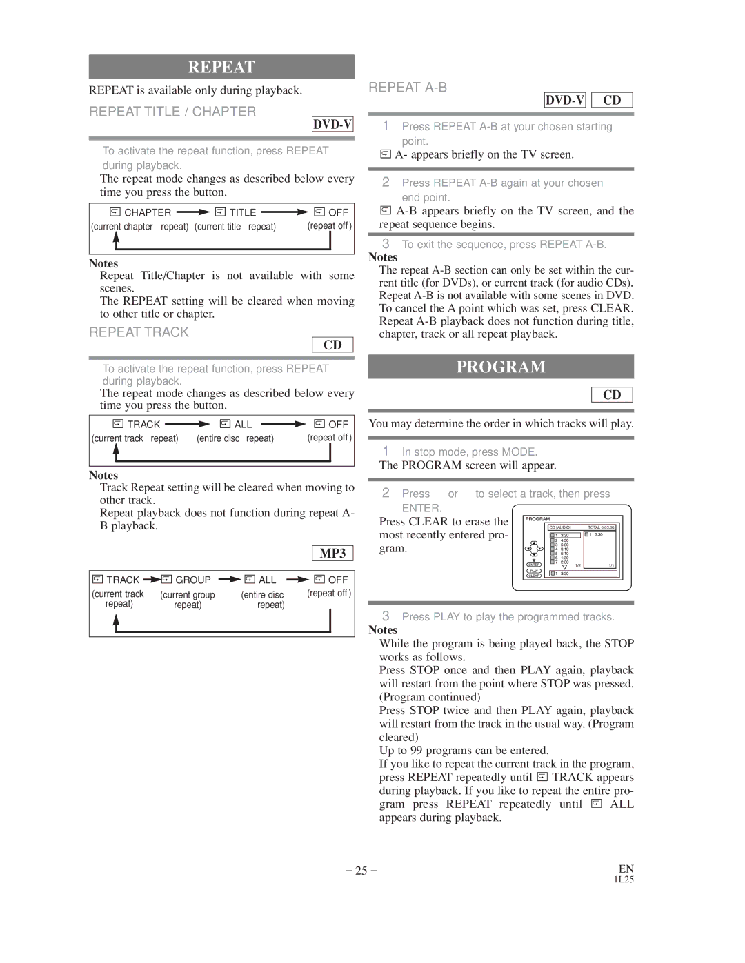 Sylvania CDVC800D owner manual Program, Repeat Title / Chapter, Repeat Track, Repeat A-B 