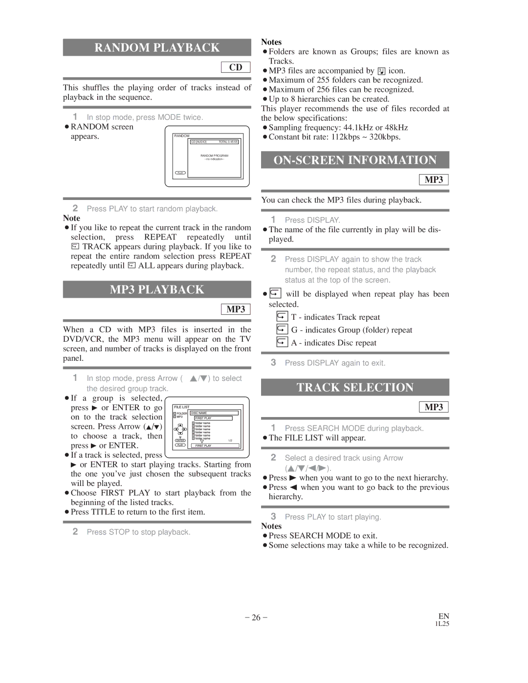 Sylvania CDVC800D owner manual Random Playback, MP3 Playback, ON-SCREEN Information, Track Selection 