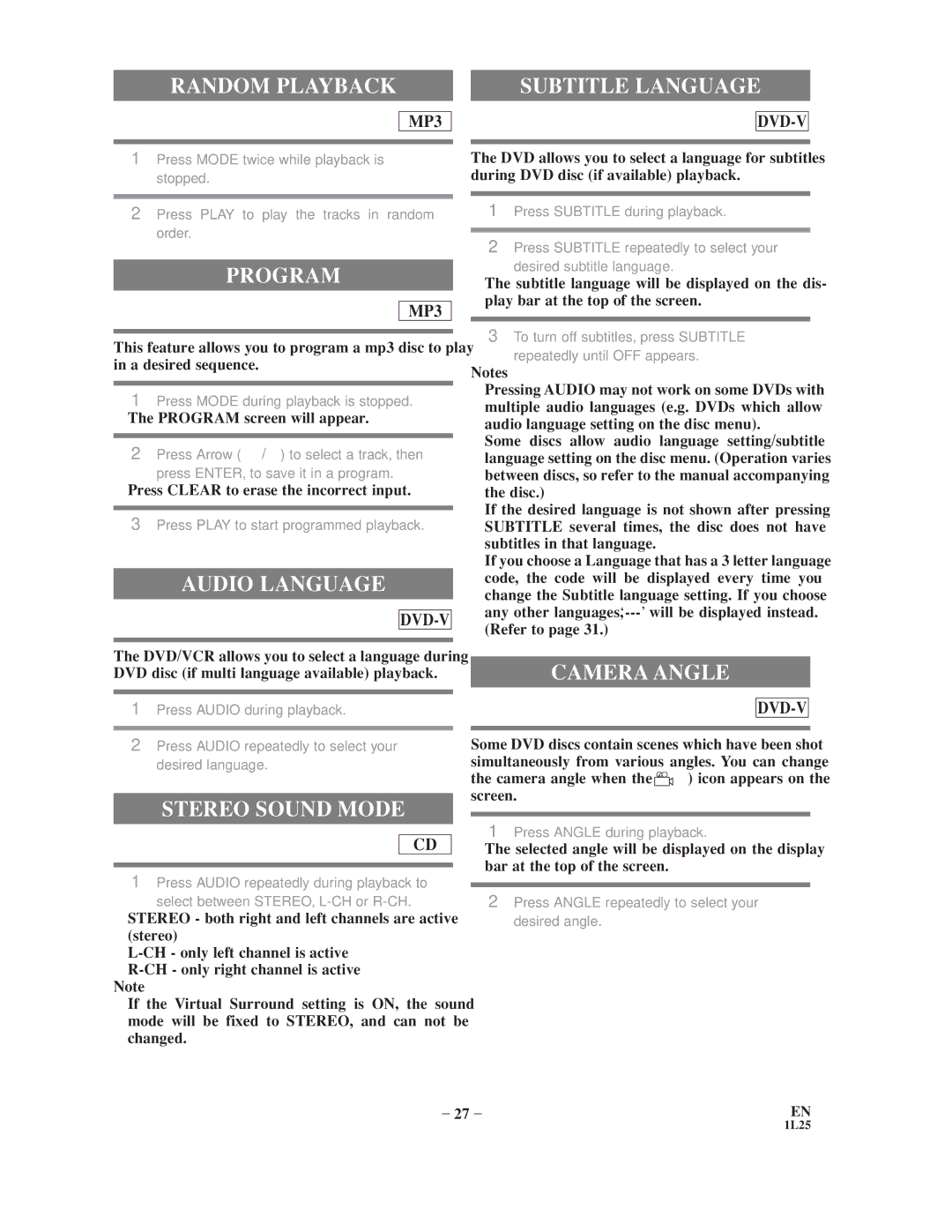 Sylvania CDVC800D owner manual Subtitle Language, Audio Language, Stereo Sound Mode, Camera Angle 