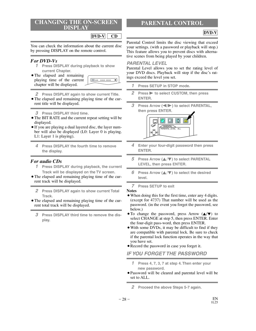 Sylvania CDVC800D owner manual Changing the ON-SCREEN Display, Parental Control, Parental Level, Chapter will be displayed 