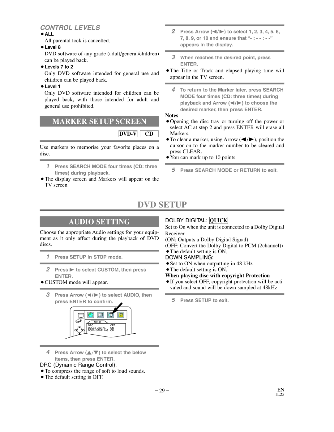 Sylvania CDVC800D owner manual DVD Setup, Marker Setup Screen, Audio Setting 