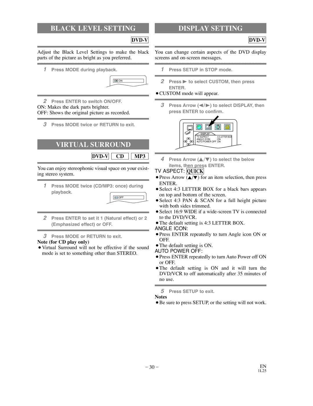 Sylvania CDVC800D owner manual Black Level Setting, Display Setting, Virtual Surround 