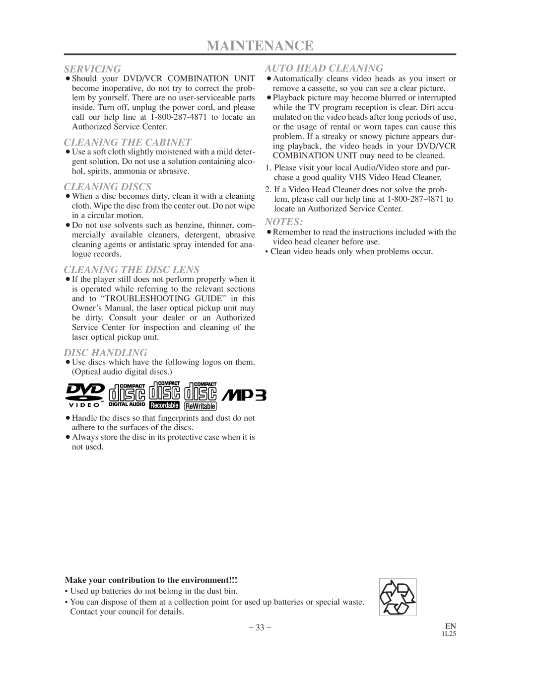 Sylvania CDVC800D owner manual Maintenance, Servicing 