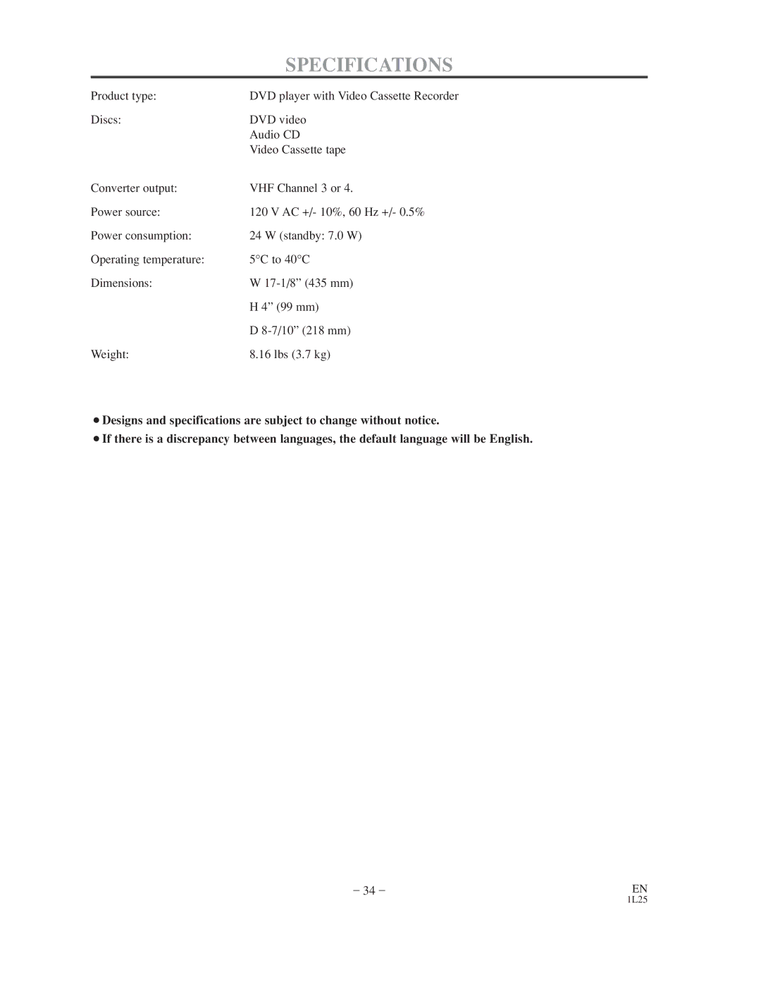 Sylvania CDVC800D owner manual Specifications 