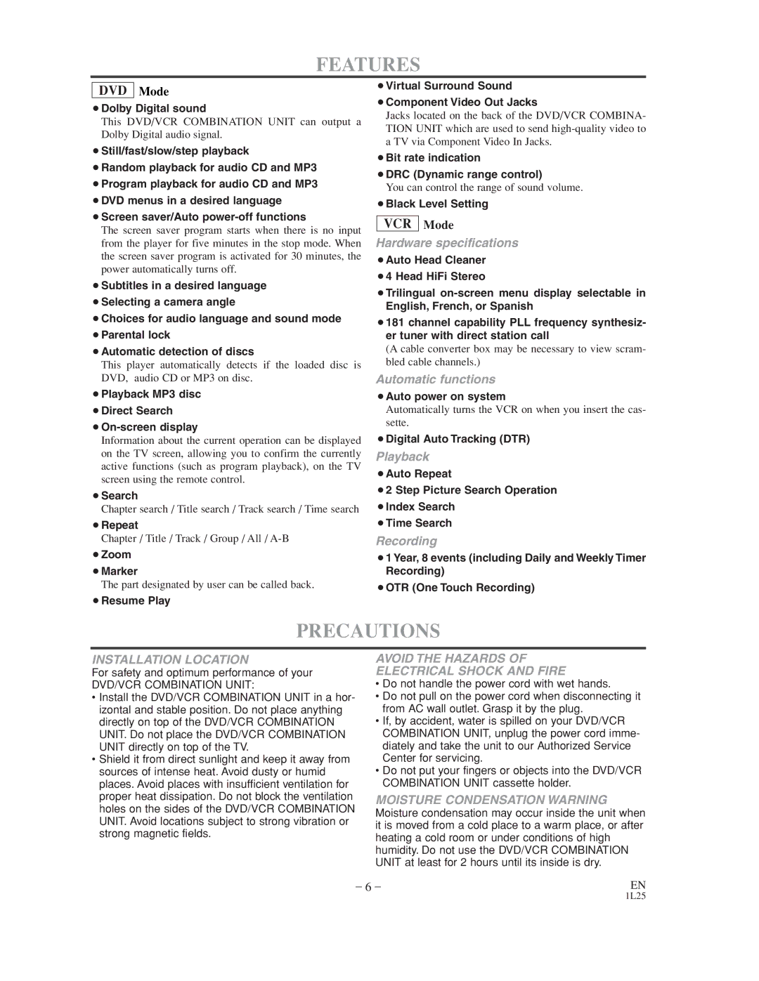 Sylvania CDVC800D owner manual Features, Precautions 